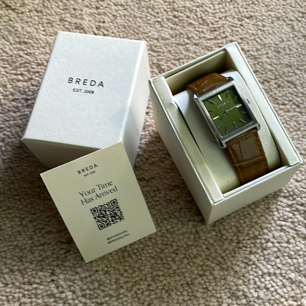 NEW Breda Virgil mens watch w/brown leather band and moss  green dial.